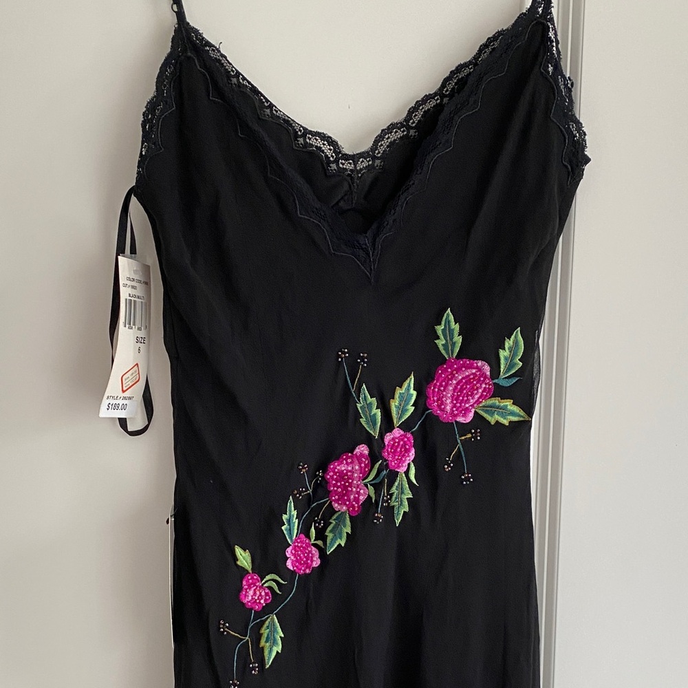 Black Maxi Slip Dress with Pink Floral Embroidery - Picture 3 of 11